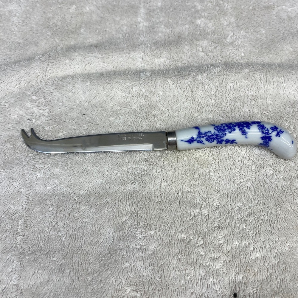 Blue White Floral Porcelain Handle Stainless Steel Forked Tip Cheese Knife 8.5in